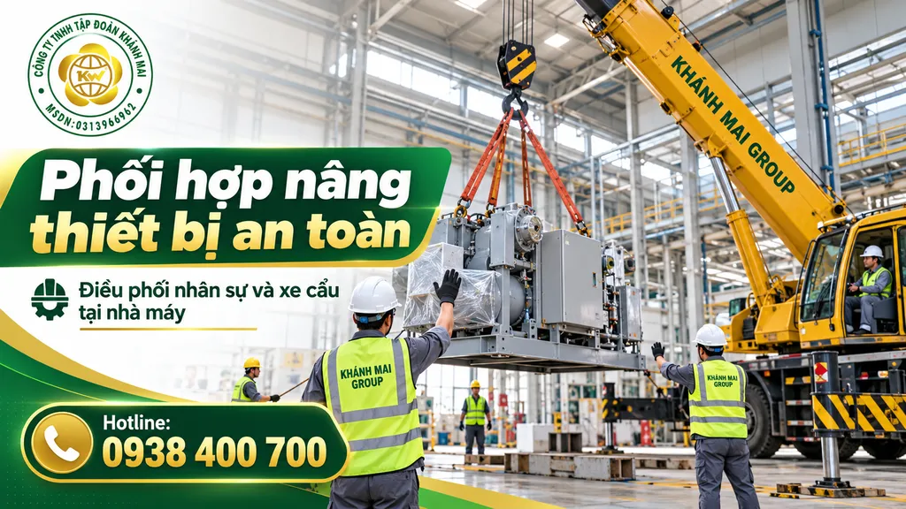 Nhân sự điều phối và xe cẩu phối hợp nâng thiết bị trong khu vực nhà máy
