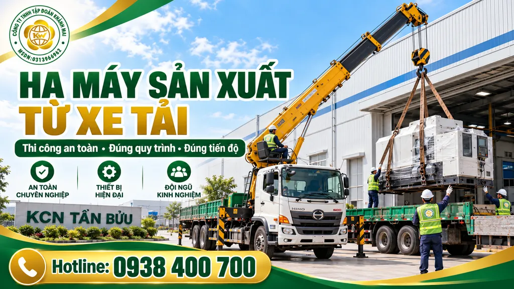 Xe cẩu hạ máy sản xuất từ xe tải xuống khu vực tiếp nhận của nhà xưởng