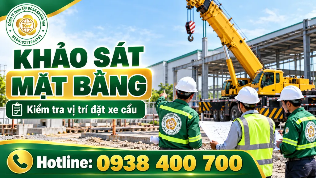 Kiểm tra vị trí đặt xe cẩu, nền sân và chân chống trước khi nâng hạ tại Cần Đước