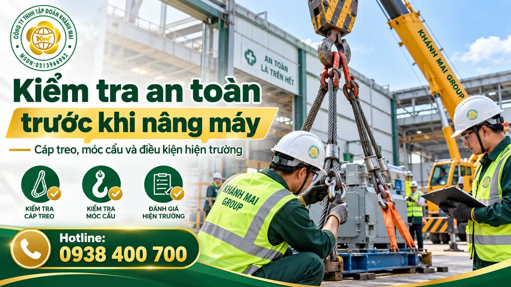 Kiểm tra cáp treo móc cẩu và điều kiện an toàn trước khi nâng máy