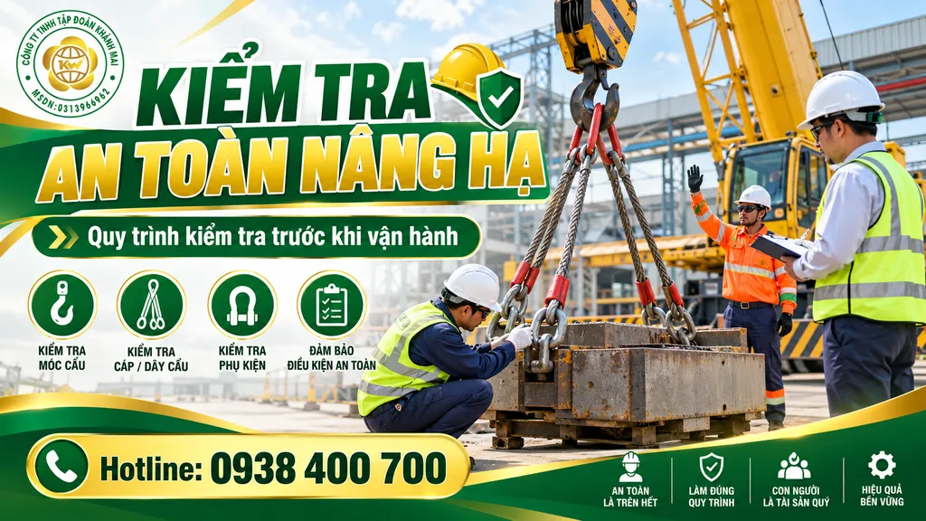 Kiểm tra sling móc cẩu và vùng an toàn trước khi nâng hạ thiết bị công nghiệp