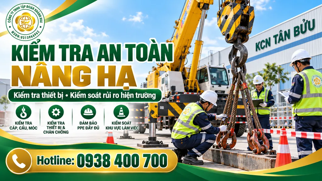 Nhân sự kiểm tra phụ kiện treo móc và vùng an toàn trước khi vận hành xe cẩu