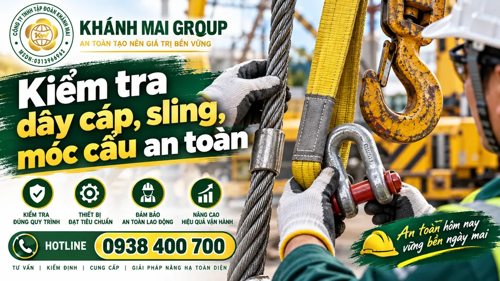 Kiểm tra dây cáp sling ma ní và móc cẩu trước khi nâng thiết bị cơ khí công nghiệp