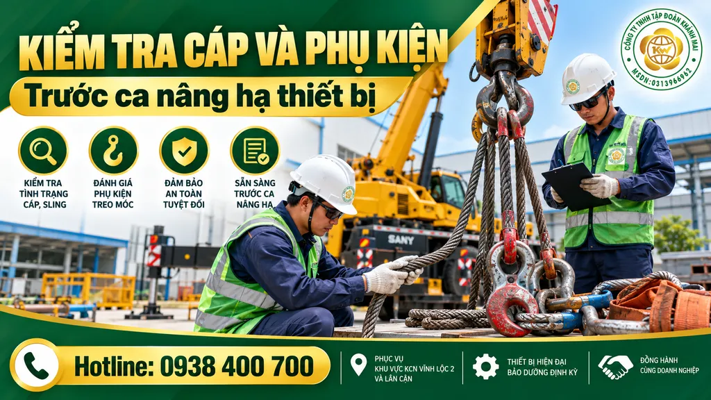 Nhân sự kiểm tra cáp và phụ kiện treo móc trước ca nâng hạ thiết bị bằng xe cẩu
