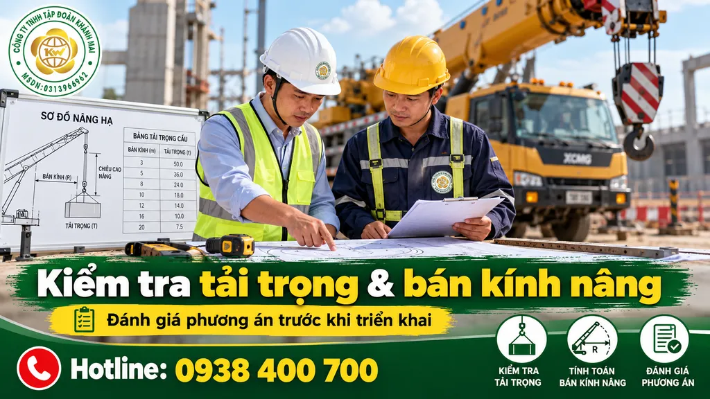 Kỹ thuật viên kiểm tra sơ đồ tải và bán kính nâng trước khi điều xe cẩu