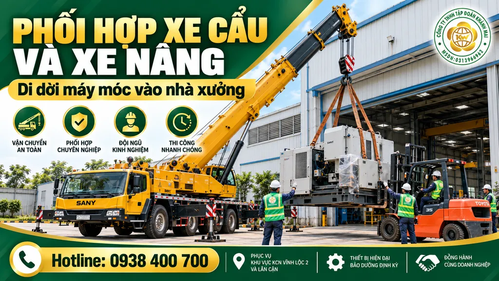 Phối hợp xe cẩu và xe nâng để di dời máy móc công nghiệp vào nhà xưởng