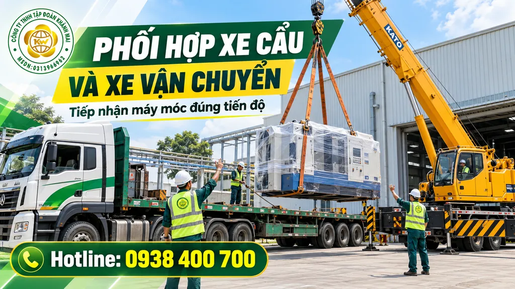 Xe cẩu phối hợp với xe vận chuyển trong quá trình tiếp nhận máy móc