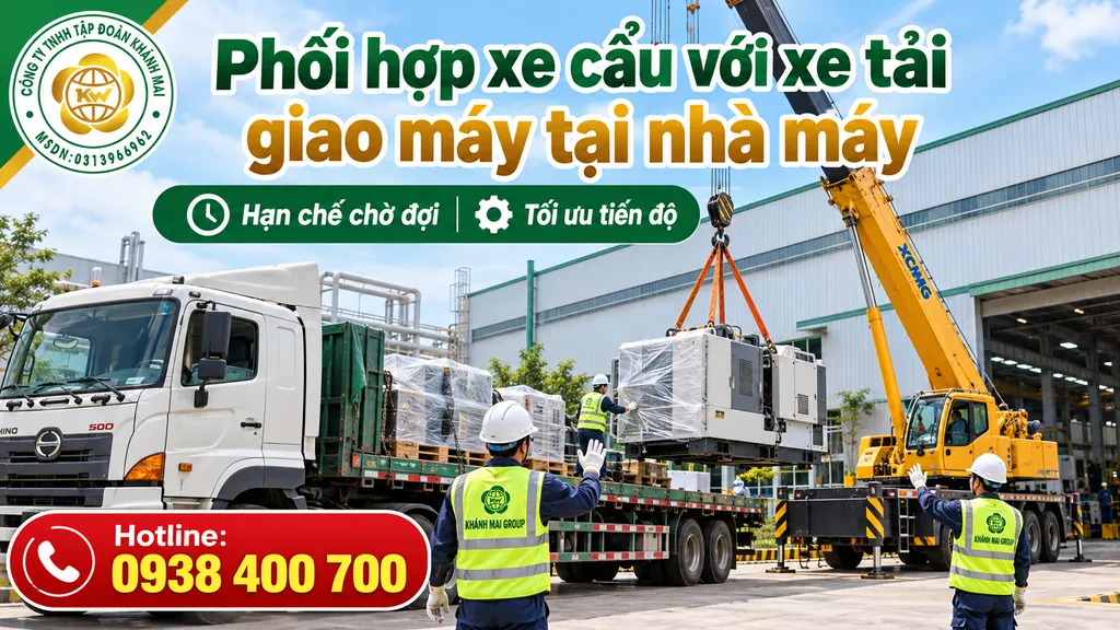 Phối hợp xe cẩu với xe tải giao máy tại nhà máy