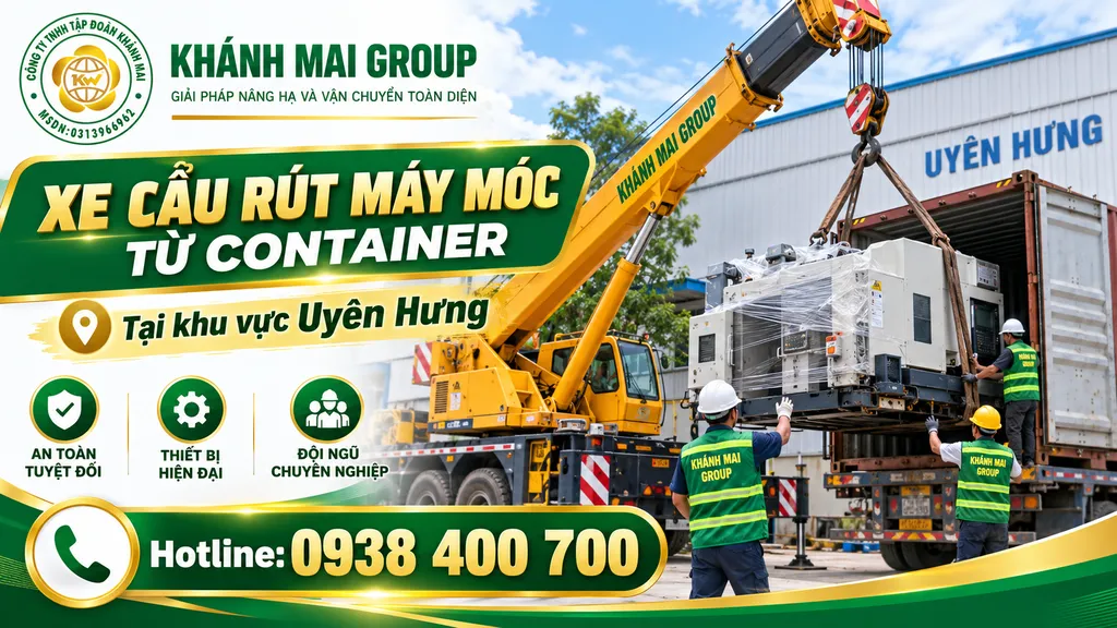 Xe cẩu rút máy móc từ container tại khu vực Uyên Hưng