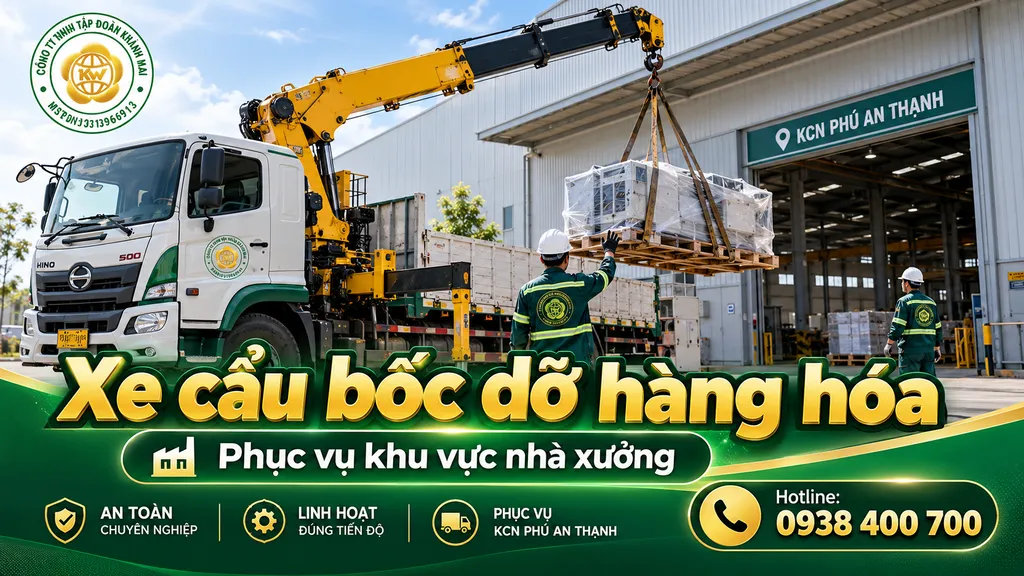 Xe cẩu hỗ trợ bốc dỡ hàng hóa tại khu vực nhà xưởng
