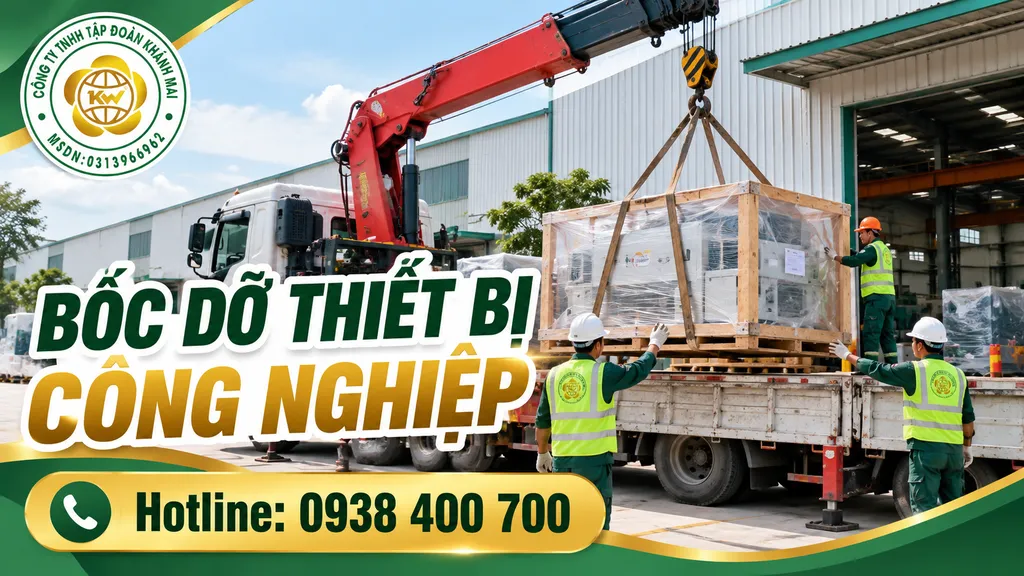 Minh họa xe cẩu bốc dỡ kiện thiết bị công nghiệp từ xe tải tại nhà xưởng