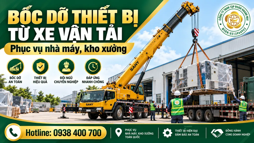 Xe cẩu bốc dỡ kiện thiết bị công nghiệp từ xe vận tải tại nhà máy
