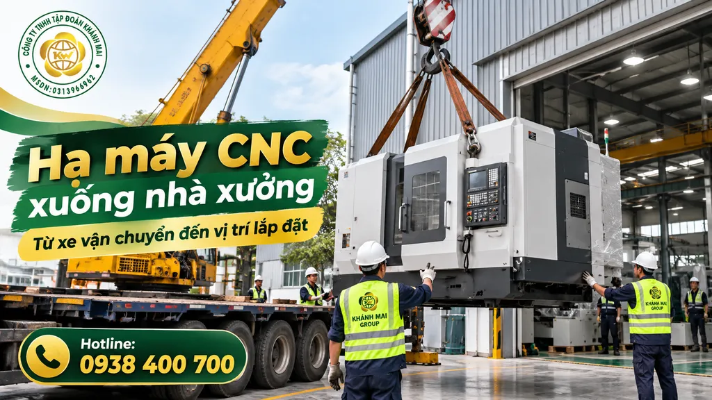 Xe cẩu hạ máy CNC từ xe vận chuyển xuống khu vực nhà xưởng