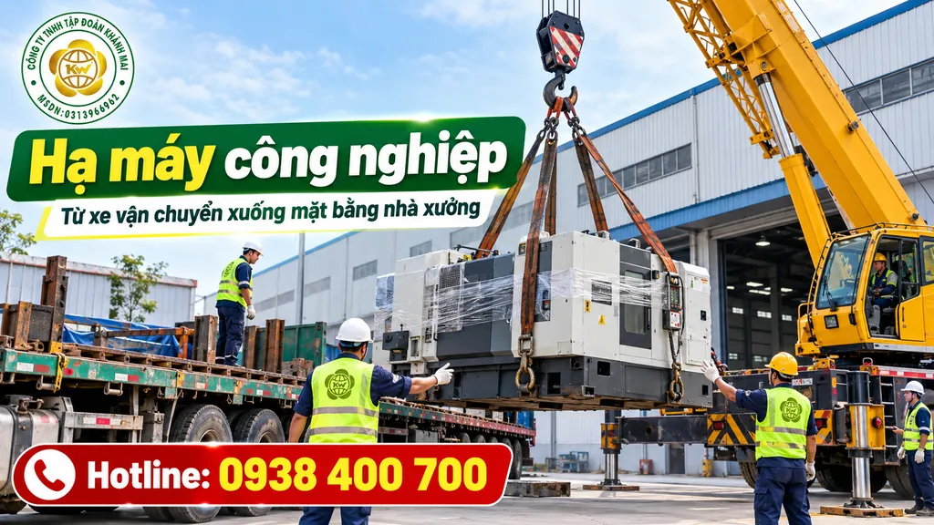 Xe cẩu hạ máy công nghiệp từ xe vận chuyển xuống mặt bằng nhà xưởng