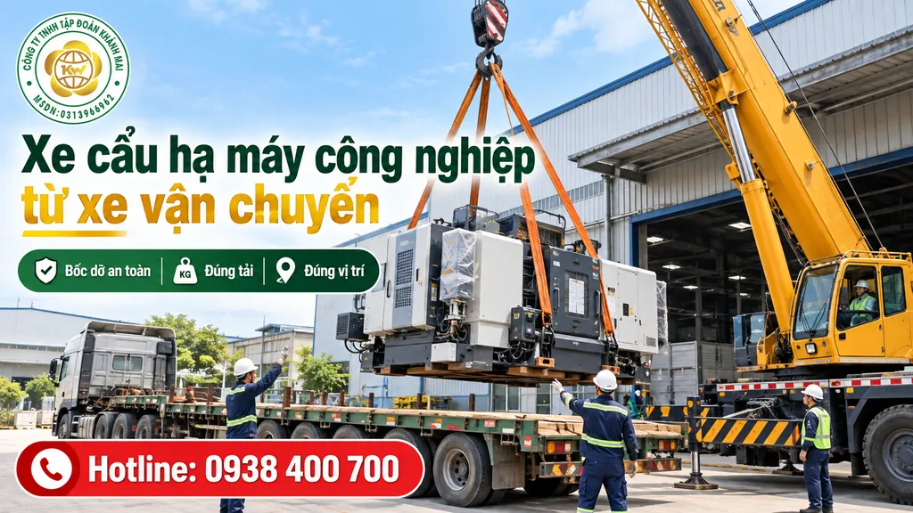 Xe cẩu hạ máy công nghiệp từ xe vận chuyển tại khu vực nhà xưởng