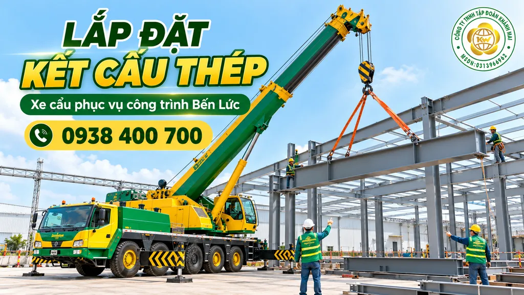 Xe cẩu phục vụ lắp đặt kết cấu thép công trình tại Bến Lức