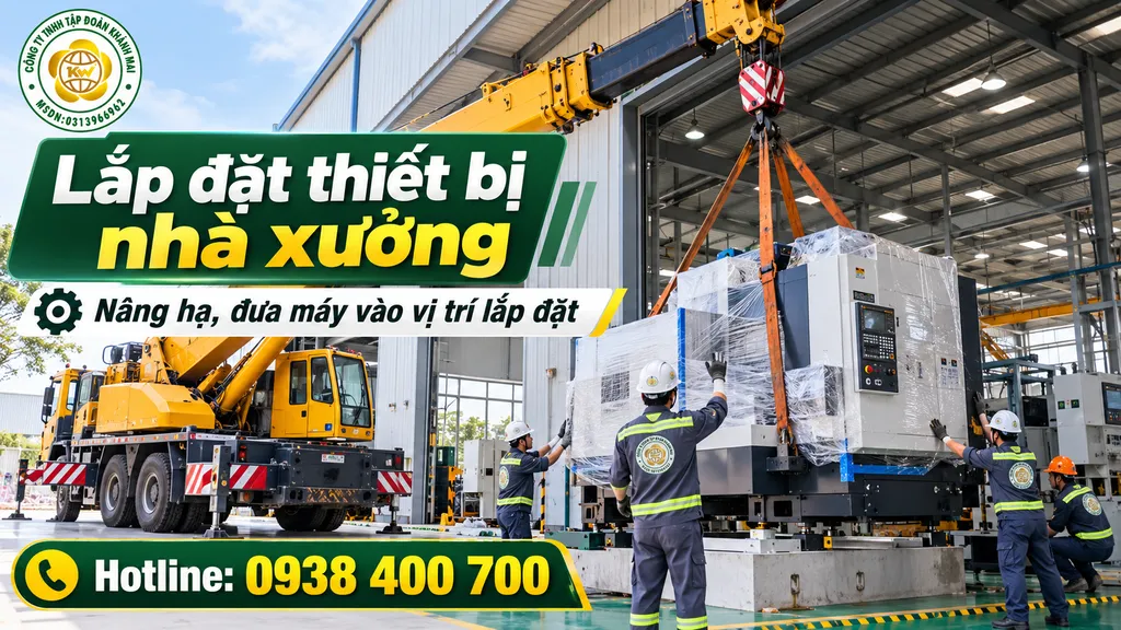Xe cẩu nâng thiết bị sản xuất vào vị trí lắp đặt trong nhà máy