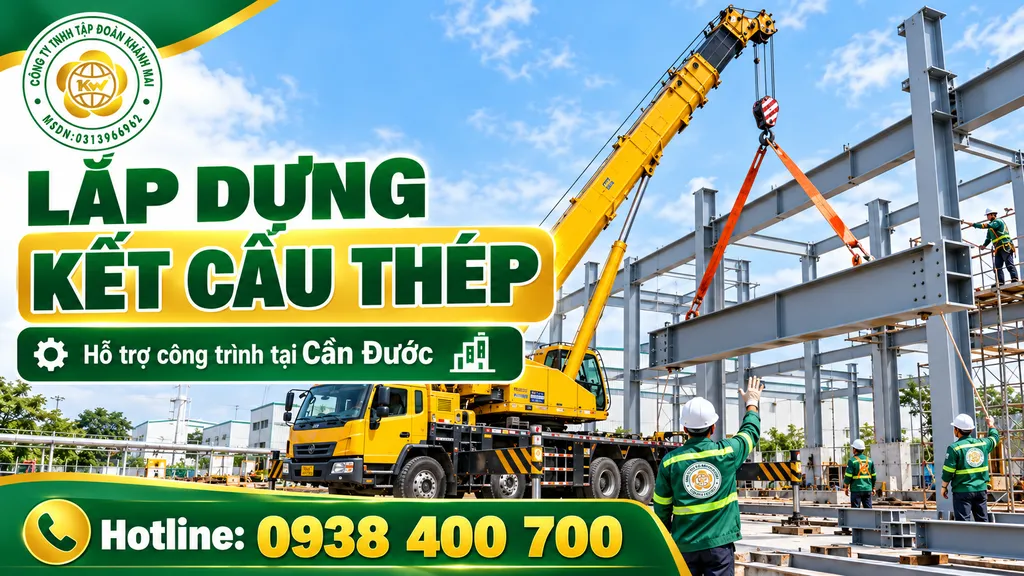 Xe cẩu nâng kết cấu thép phục vụ thi công tại khu vực Cần Đước