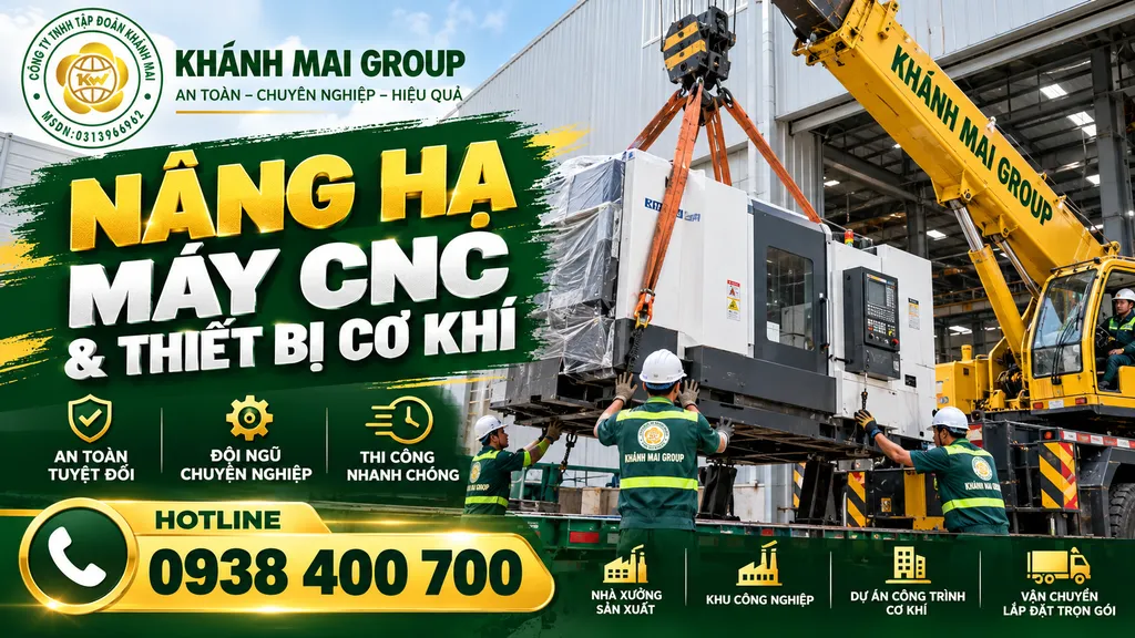 Xe cẩu nâng hạ máy CNC và thiết bị cơ khí từ phương tiện vận chuyển xuống nhà xưởng