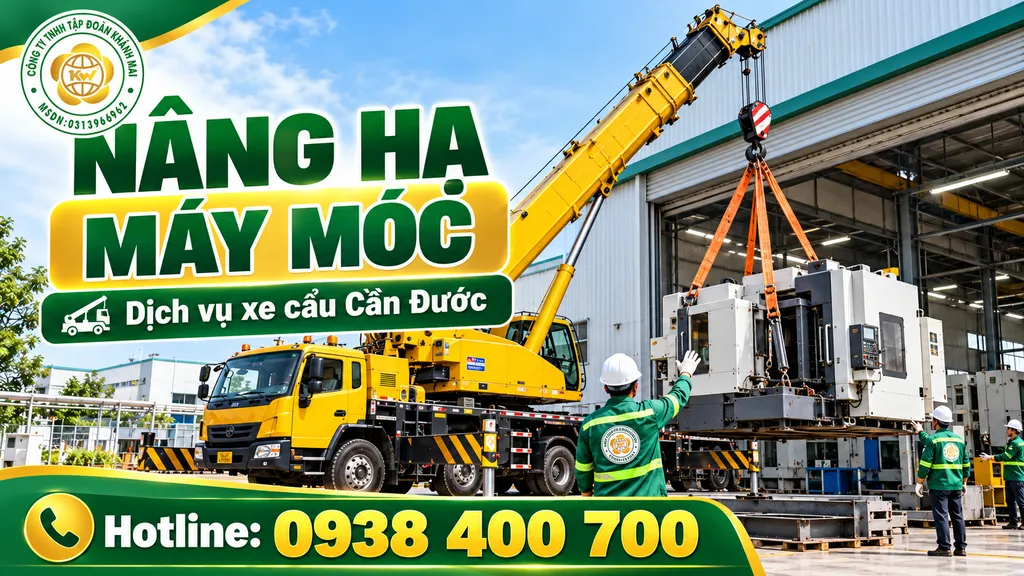Xe cẩu nâng hạ máy công nghiệp ở khu vực nhà xưởng tại Cần Đước