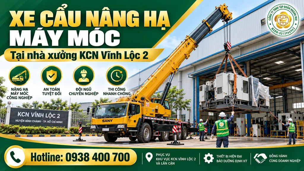 Xe cẩu nâng hạ máy móc công nghiệp tại khu vực nhà xưởng KCN Vĩnh Lộc 2