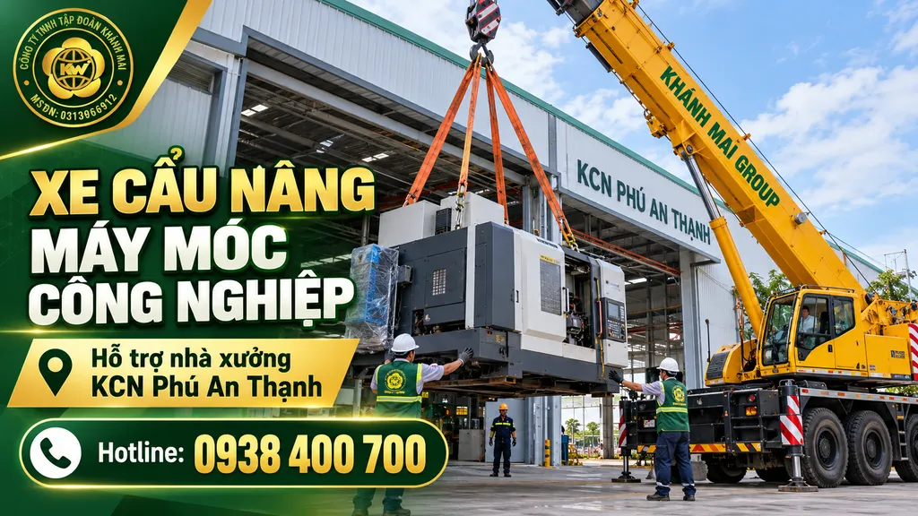 Xe cẩu nâng máy móc công nghiệp tại nhà xưởng KCN Phú An Thạnh