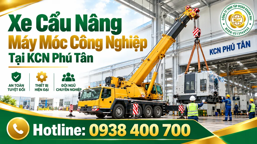 Xe cẩu nâng máy móc công nghiệp trong nhà máy KCN Phú Tân