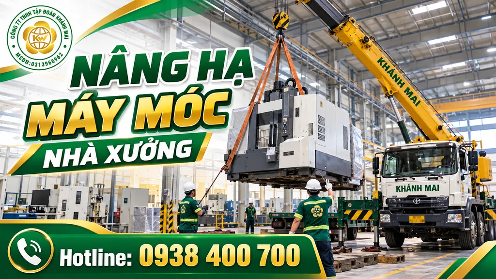Minh họa xe cẩu nâng hạ máy móc công nghiệp tại khu vực nhà xưởng