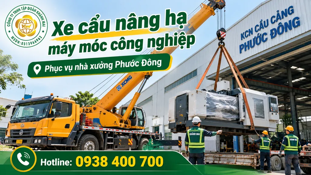 Xe cẩu nâng hạ thiết bị sản xuất và máy móc tại sân nhà xưởng Phước Đông