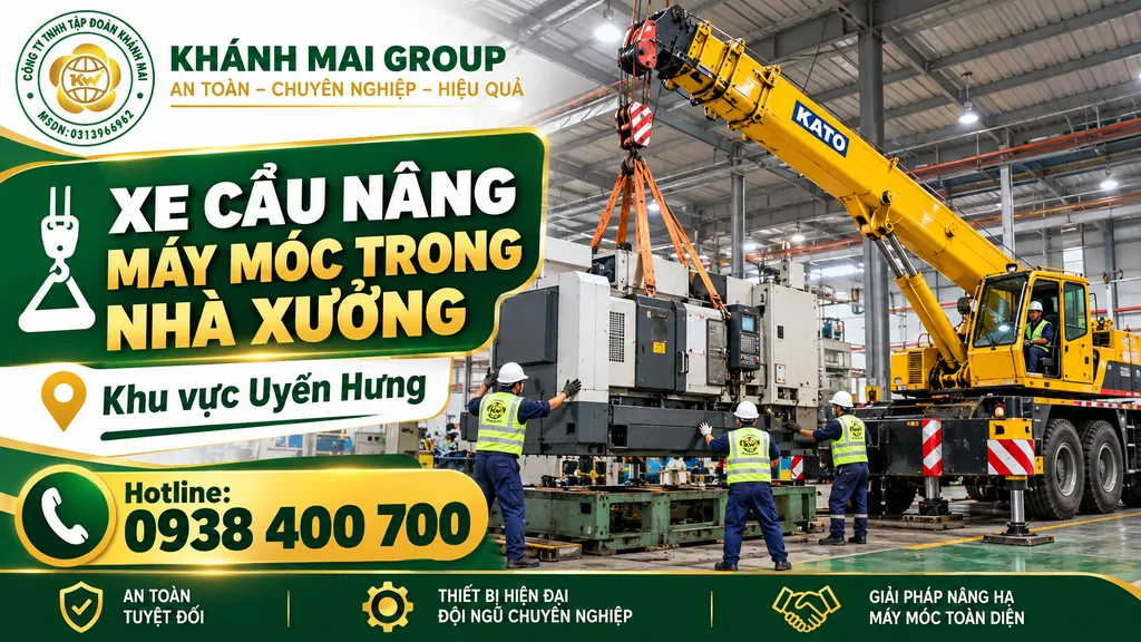 Xe cẩu nâng máy móc trong nhà xưởng khu vực Uyên Hưng