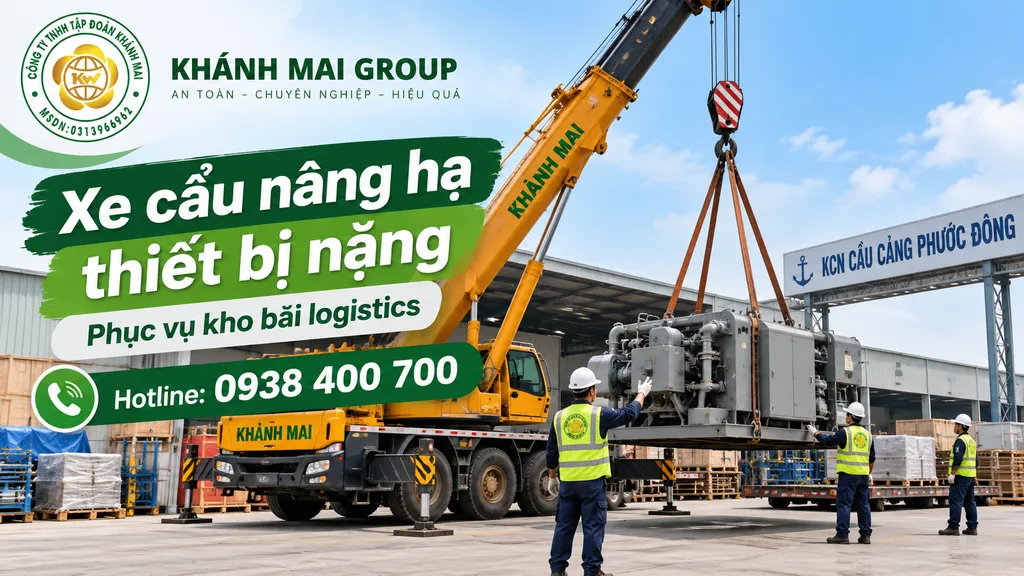 Xe cẩu nâng hạ kiện thiết bị công nghiệp tại sân kho logistics
