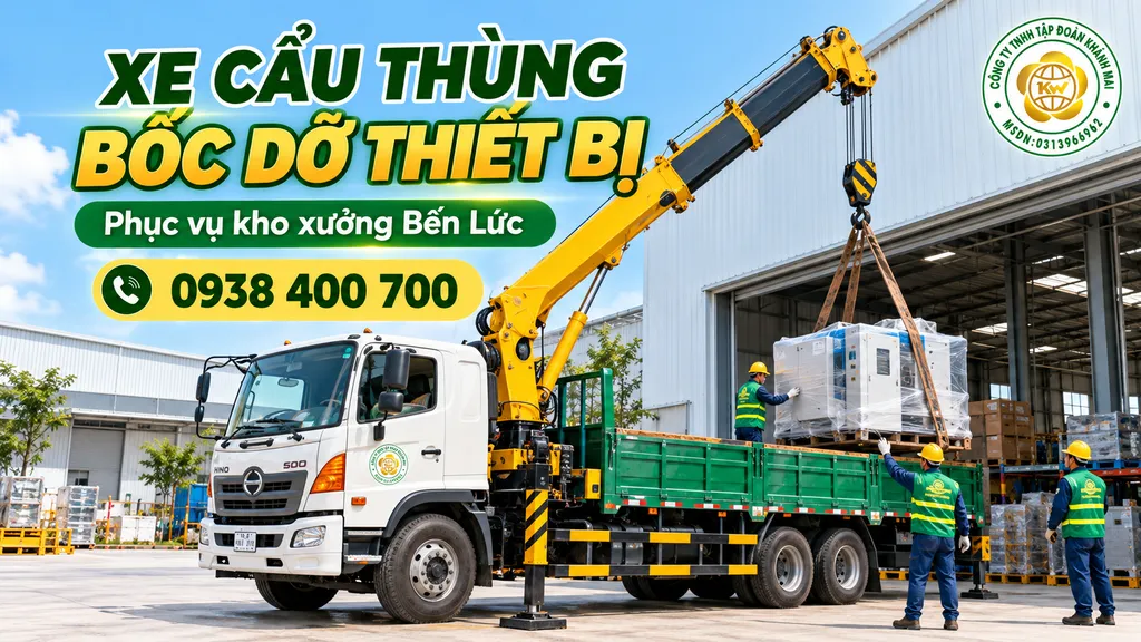 Xe cẩu thùng bốc dỡ thiết bị tại kho xưởng Bến Lức