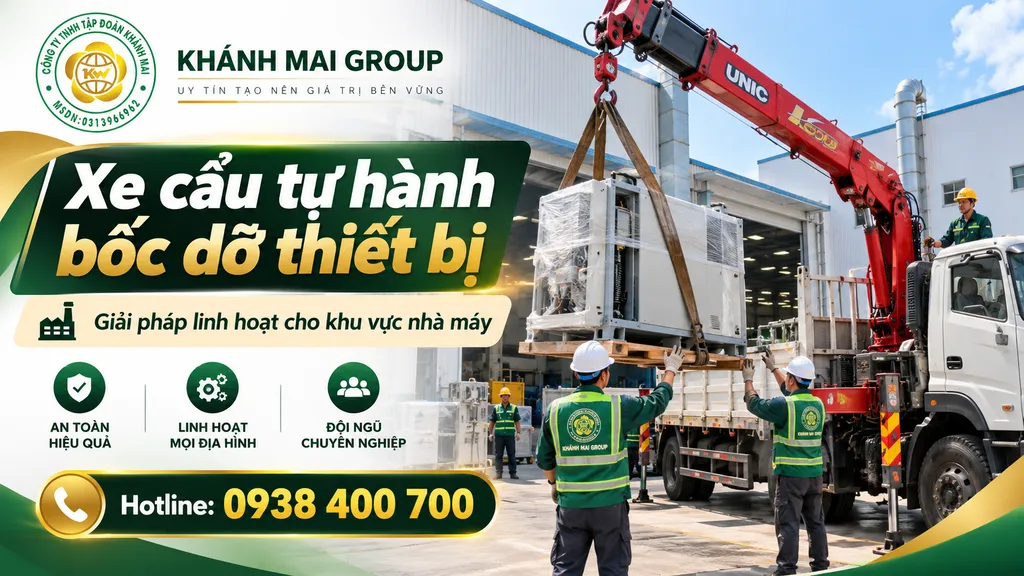 Xe cẩu tự hành bốc dỡ thiết bị công nghiệp tại khu vực nhà máy